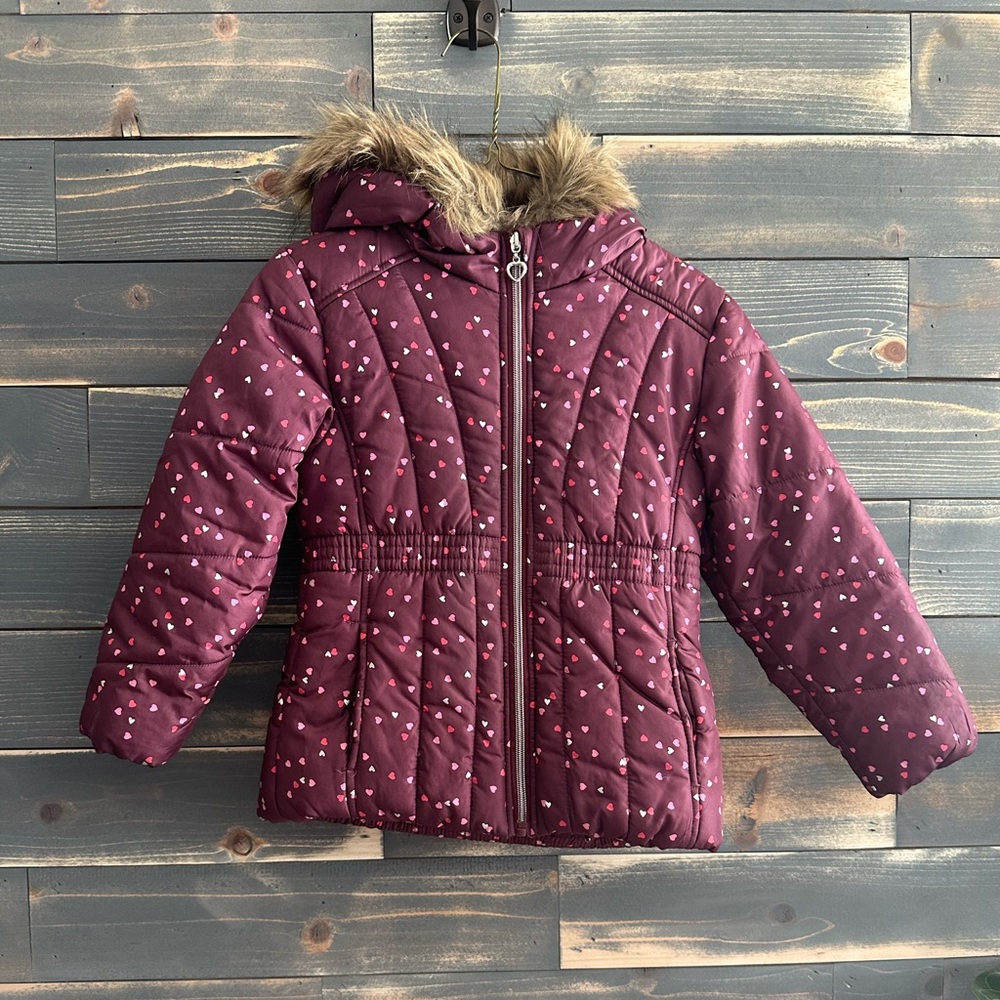 Children’s Rothschild Burgundy Puffer Jacket with Hearts and Faux Fur Hood